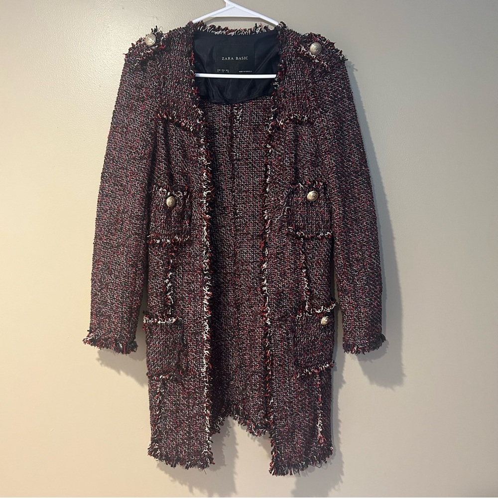 Zara open front tweed military frayed jacket